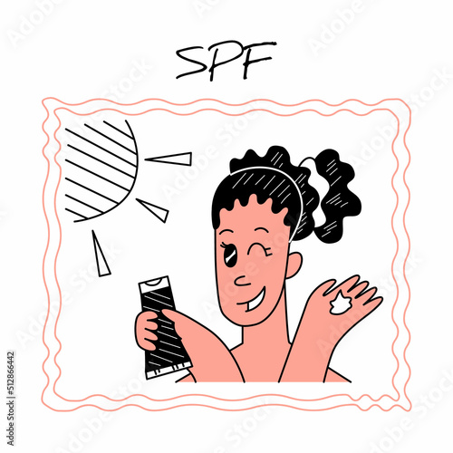 Vector isolated illustration with woman, who is applying a sunscreen, SPF cream on herself skin. Concept dermatology, skin Care, beauty. Line style. You can use in web design, stickers, banners, etc. photo