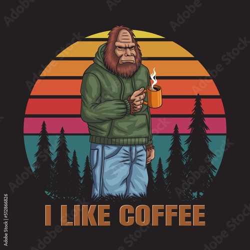 Bigfoot relaxing drink coffee retro vector illustration