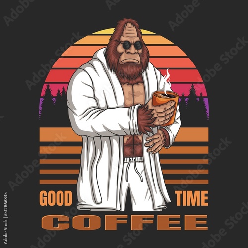 Bigfoot wearing a bath robe and relaxing drink coffee vector illustration