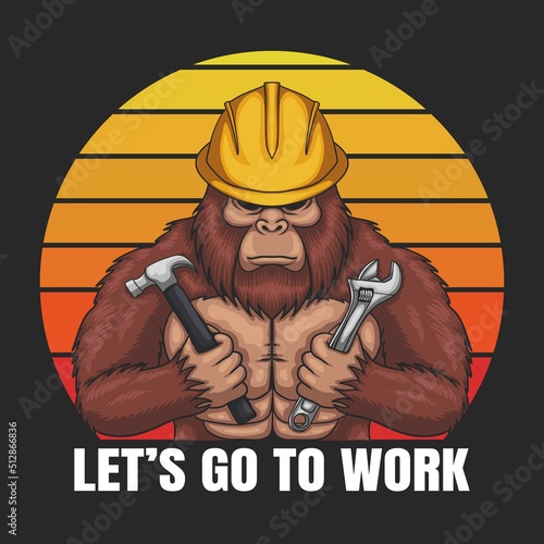 Bigfoot wearing a helmet worker retro vector illustration