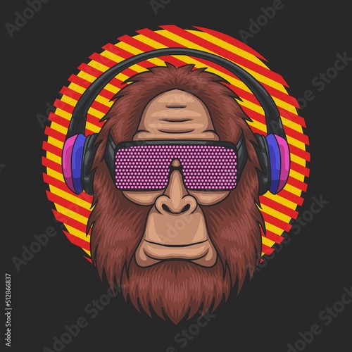 Bigfoot wearing a techno eyeglasses and headphone vector illustration