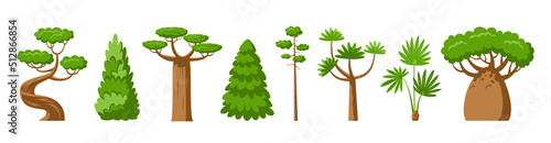 Green trees flat set. Baobab palm dracaena, sequoia pine fir, cypress spruce forest park plant sign