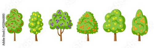 Green orchard fruit tree flat set. Ripe cherry apple pear orange mandarin plum peach apricot garden