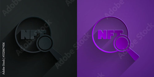 Paper cut Search NFT icon isolated on black on purple background. Non fungible token. Digital crypto art concept. Paper art style. Vector