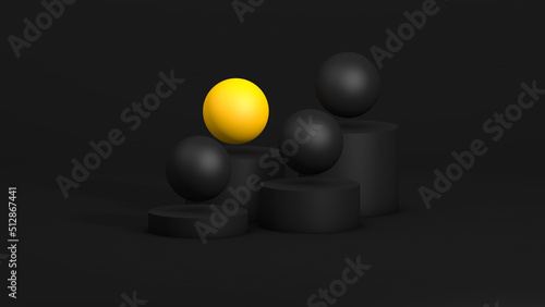 Abstract simple composition with cones of pedestals and black and gold glossy spheres. 3d render