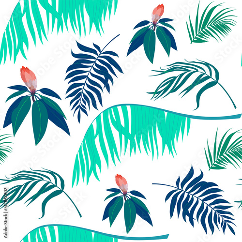 Tropical seamless pattern with palm tree and flowers leaves drawn on white background. Backdrop with foliage of jungle plants. Vector illustration.