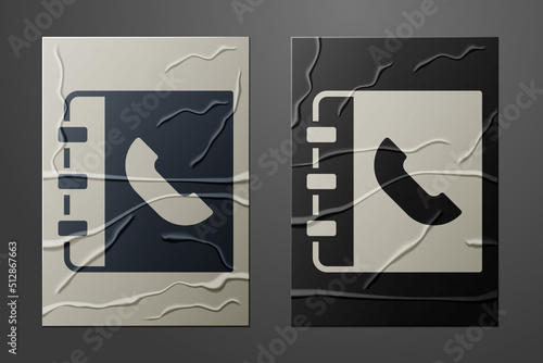 White Phone book icon isolated on crumpled paper background. Address book. Telephone directory. Paper art style. Vector