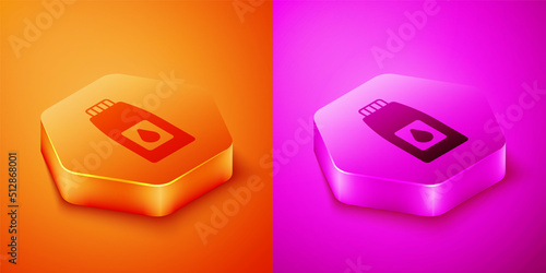 Isometric Canister for motor machine oil icon isolated on orange and pink background. Oil gallon. Oil change service and repair. Hexagon button. Vector