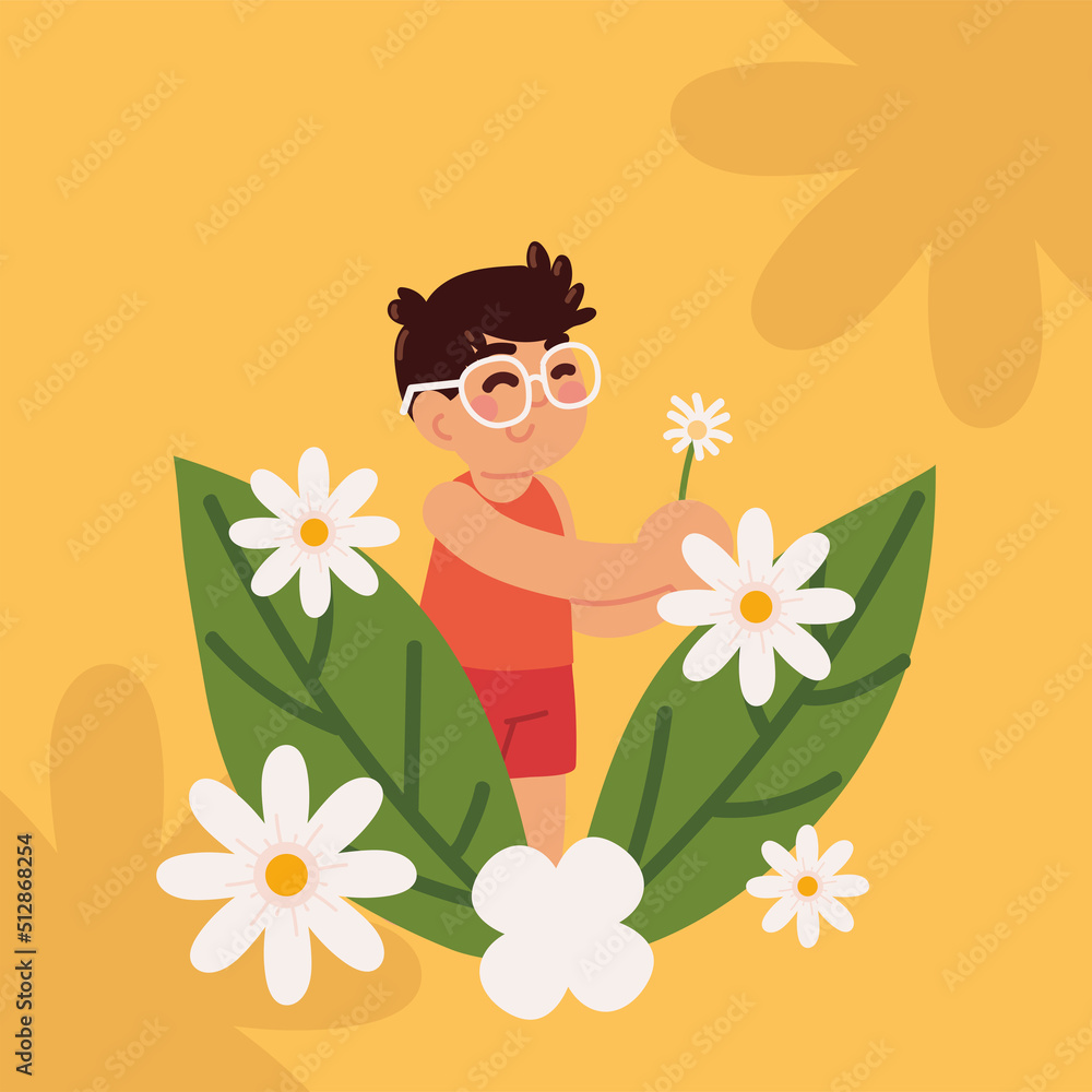 cute boy and flowers