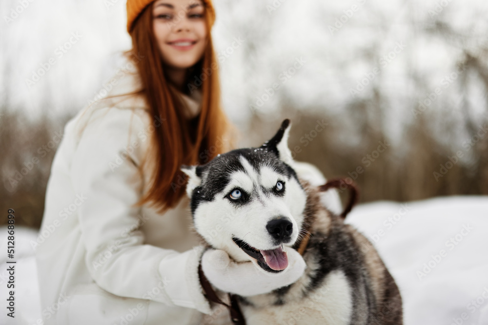 woman with dog winter landscape walk friendship fresh air woman with dog winter landscape walk friendship fresh air
