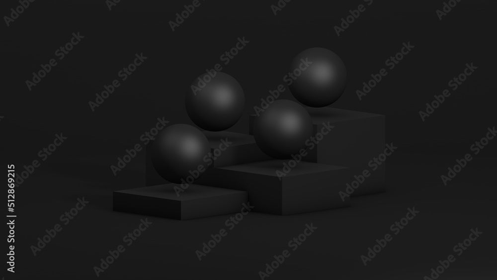 Abstract simple composition with cubes of pedestals and black spheres. 3d render Abstract simple composition with cubes of pedestals and black spheres. 3d render