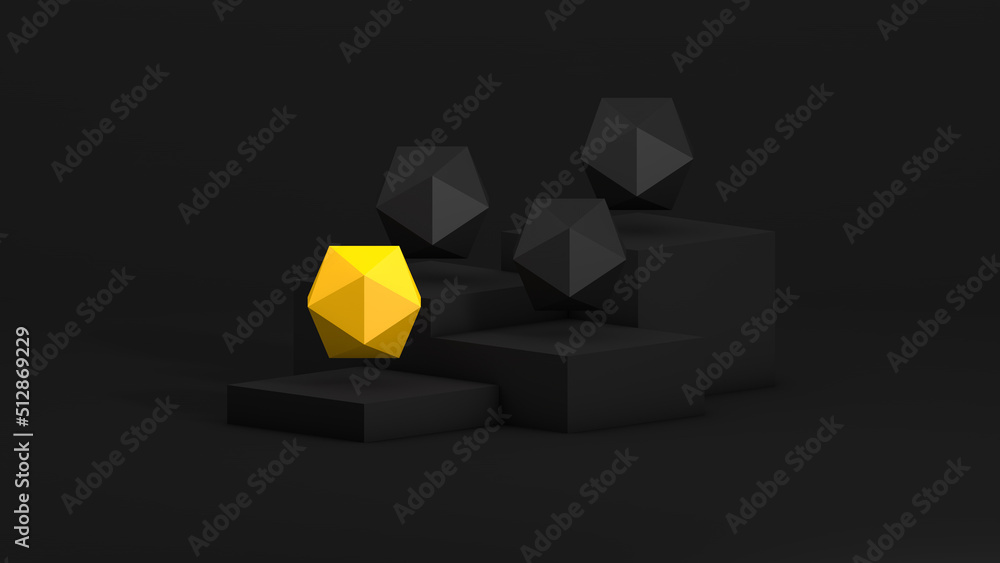Abstract simple composition with cubes of pedestals and black and gold glossy spheres. 3d render Abstract simple composition with cubes of pedestals and black and gold glossy spheres. 3d render