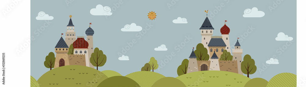 Landscape with castles and fields. Vector seamless illustration in medieval style. 