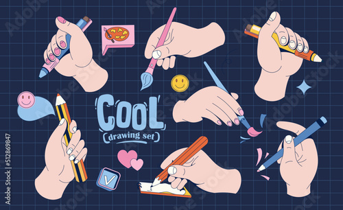 Vector set of illustration hands with objects. Flat hands hold a brush, pen, etc. Set in the style of 90s, all elements are isolated. Colorful image on a monochrome background with pattern.
