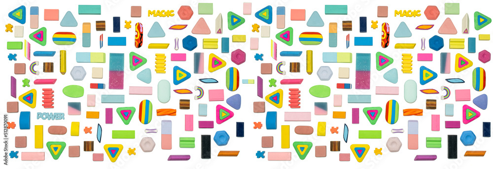 various shapes and colors of erasers arranged isolated on white background various shapes and colors of erasers arranged isolated on white background
