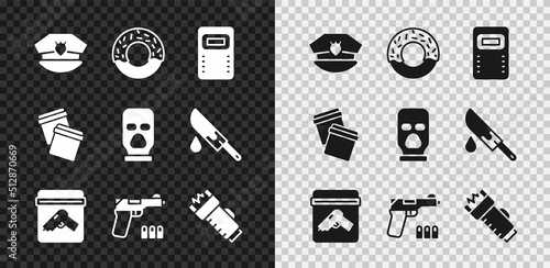 Set Police cap with cockade, Donut, assault shield, Evidence bag gun, Pistol or, electric shocker, Plastic ziplock and Balaclava icon. Vector