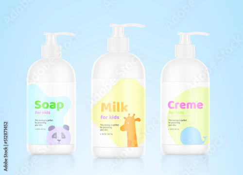 Realistic bottles with dispensers and sample label designs. Vector illustration. Perfect for promote your product. EPS10.