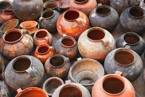 Old vintage clay pottery. Retro ceramic traditional Ukraine culture.