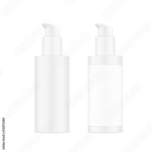 Airless pump bottle with label mockup isolated on white background. Vector illustration. Сan be used for cosmetic, medical and other needs. Symmetrical lighting scheme. EPS10.	
