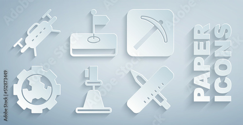Set Tacheometer, theodolite, Pickaxe, Gear wheels and earth, Crossed ruler pencil, Flag and Drone icon. Vector