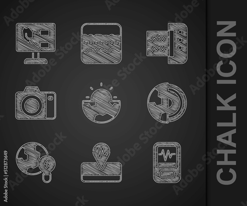 Set Earth core structure crust, Earthquake, Seismograph, Global planet with bulb, Photo camera, and Soil analysis icon. Vector