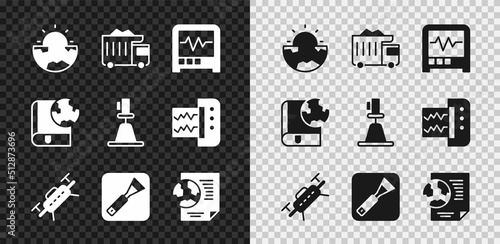 Set Earth core structure crust, Mining dump truck, Seismograph, Drone, Paint brush, globe with document, and book and Tacheometer, theodolite icon. Vector