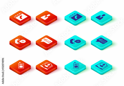 Set Mobile phone, Telephone 24 hours support, Declined missed call, Hello different languages, Employee and Phone book icon. Vector