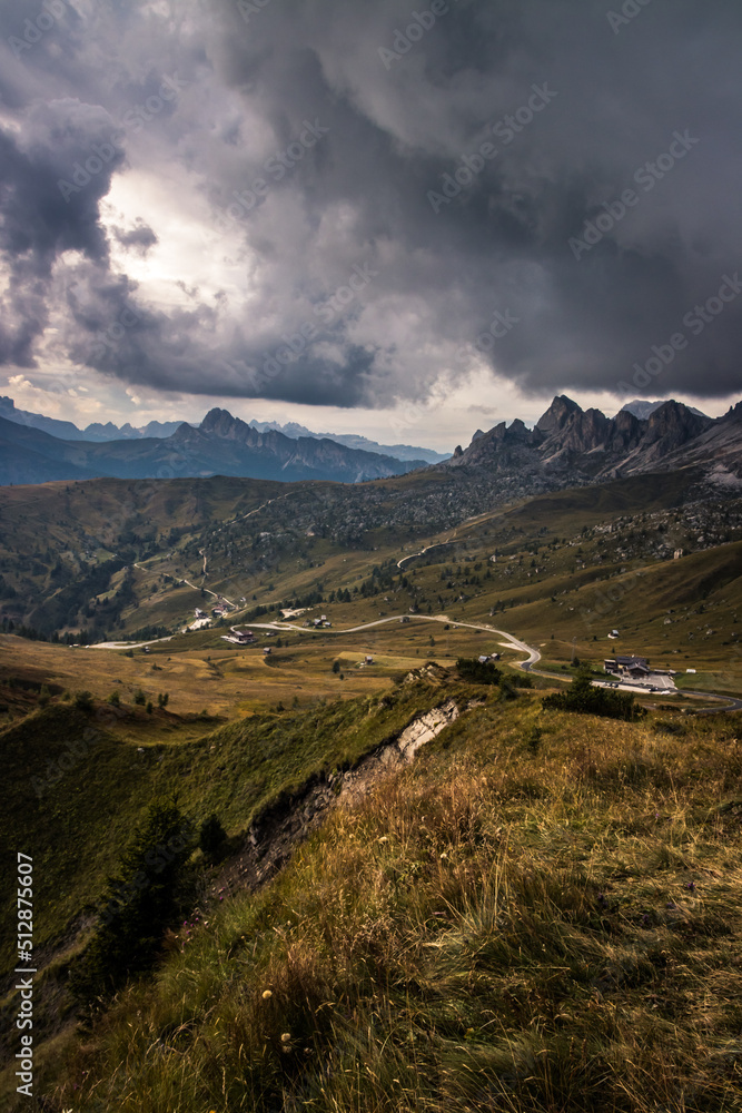 Mountain trail Giau Pass in Dolomites