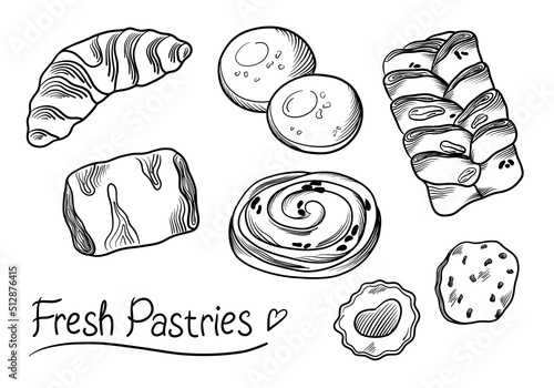 Fresh pastries, French rolls, maple pecans, croissants, muffins, cookies. Vector set with baking in sketch style, illustration for postcards, packaging, cafe.