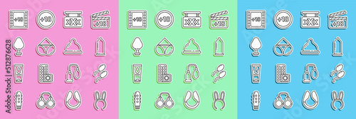 Set line Mask with long bunny ears, Sperm, Condom, Sex shop, Woman panties, Anal plug, Play Video 18 plus content and icon. Vector