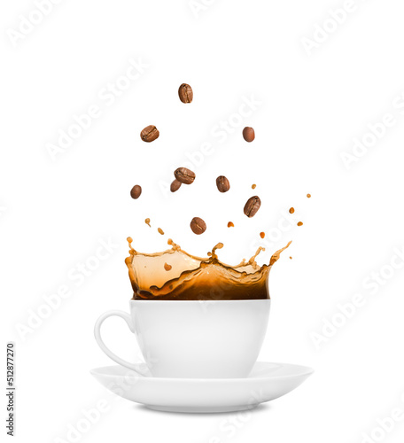cup of coffee with splash and coffee beans isolated on white background