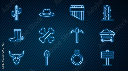 Set line Road traffic signpost, Coal mine trolley, Pan flute, Crossed human bones, Cowboy boot, Cactus, Pickaxe and Western cowboy hat icon. Vector