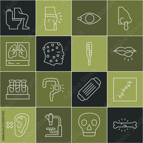 Set line Bone pain, Scar with suture, Herpes lip, Blindness, Psoriasis or eczema rash, Lungs x-ray, Constipation and Medical thermometer icon. Vector