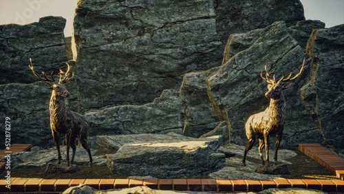 Stone podium in desart with epic Deer Statue in sunset and great scene. Showcase proudact 3d rendering. Backdrop in sunrise with statues for grateful silver deers. red blocks on black stone scene 3D. (ID: 512878279)