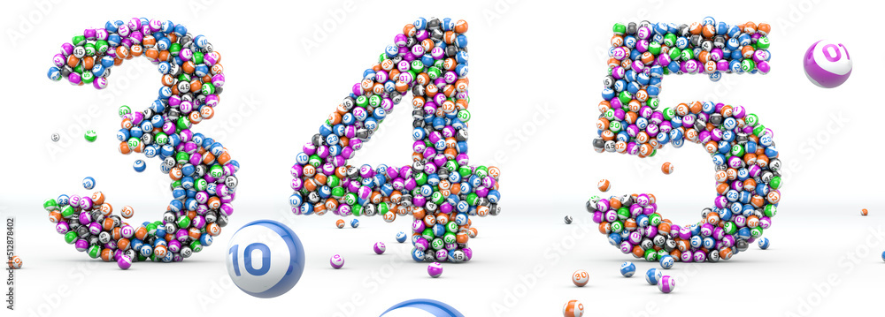 Alfabet lottery balls. Numbers 3, 4, 5. 3D illustration. Bingo alphabet 3D isolated in white background. Alfabet lottery balls. Numbers 3, 4, 5. 3D illustration. Bingo alphabet 3D isolated in white background.