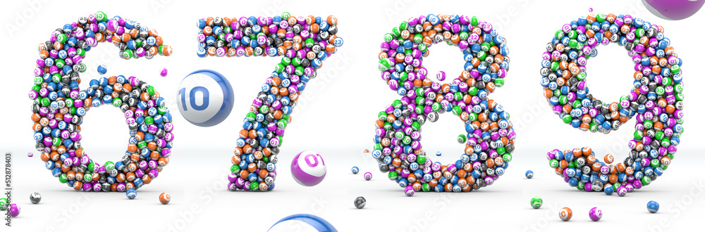 Alfabet lottery balls. Numbers 6, 7, 8, 9. 3D illustration. Bingo alphabet 3D isolated in white background. Alfabet lottery balls. Numbers 6, 7, 8, 9. 3D illustration. Bingo alphabet 3D isolated in white background.