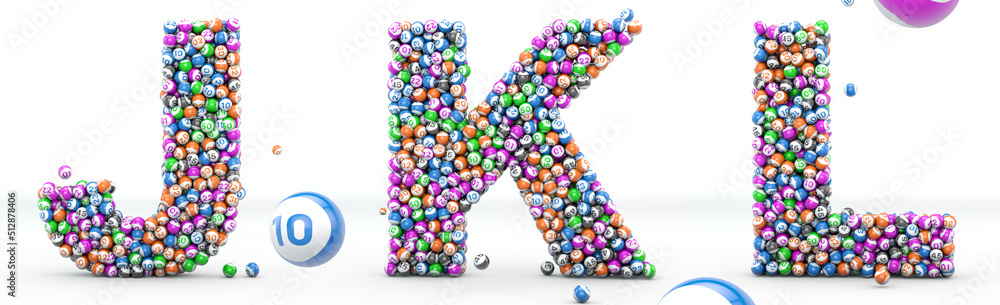 Alfabet lottery balls. Letters J, K, L. 3D illustration. Bingo alphabet 3D isolated in white background. Alfabet lottery balls. Letters J, K, L. 3D illustration. Bingo alphabet 3D isolated in white background.