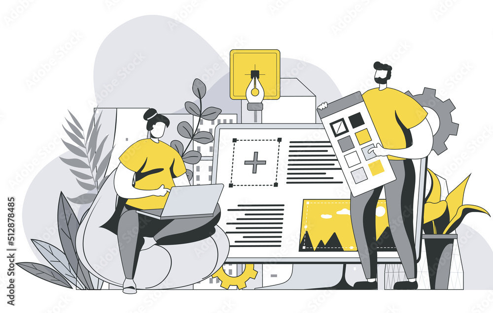 Designers agency concept with outline people scene. Man and woman working on project, creating graphics content and elements for site layout. Illustration in flat line design for web template - obrazy, fototapety, plakaty 