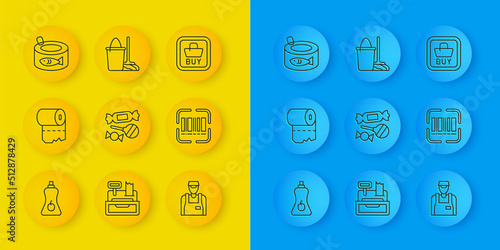 Set line Sauce bottle, Toilet paper roll, Candy, Seller, Scanner scanning bar code, Canned fish, Buy button and Mop bucket icon. Vector