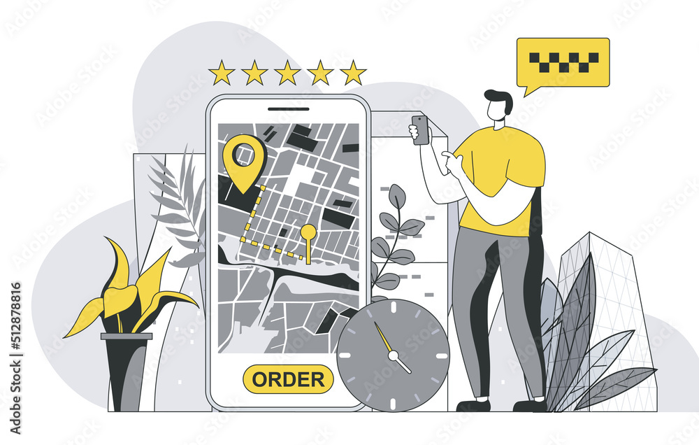 Taxi booking service concept with outline people scene. Man looking for car and orders taxi in mobile application, tracking route on screen. Illustration in flat line design for web template - obrazy, fototapety, plakaty 