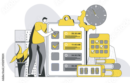 Time management concept with outline people scene. Man creates schedule and to-do list, keeps track of time to complete tasks and marks dates. Illustration in flat line design for web template