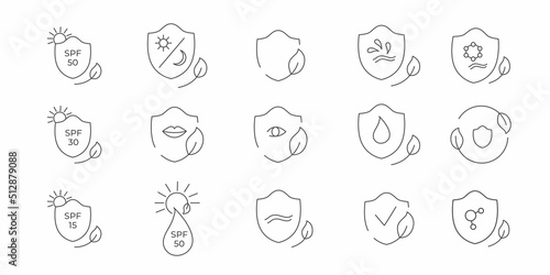 SPF 50, 30, 15 sun protection icon set. Vector stock illustration isolated on white background for packaging design sunscreen face cream, body lotion, hair shampoo. 