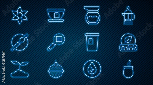 Set line Mate tea, Tea leaf, Teapot, strainer with handle, Cigarette, Flower, Cup bag and icon. Vector