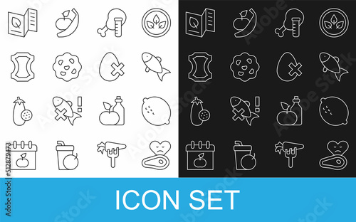 Set line Steak meat, Lemon, Fish, Genetically modified chicken, Cookie or biscuit, Leather, Vegetarian food menu and No egg icon. Vector