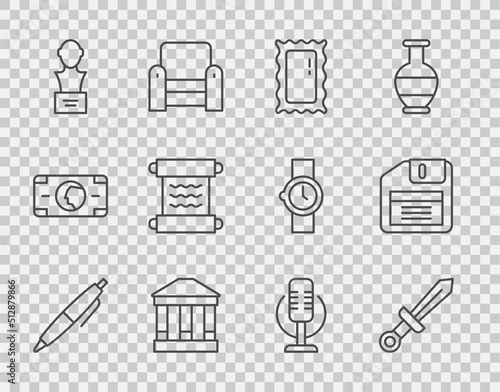 Set line Pen, Medieval sword, Big full length mirror, Museum building, Gypsum head sculpture bust, Papyrus scroll, Microphone and Floppy disk icon. Vector