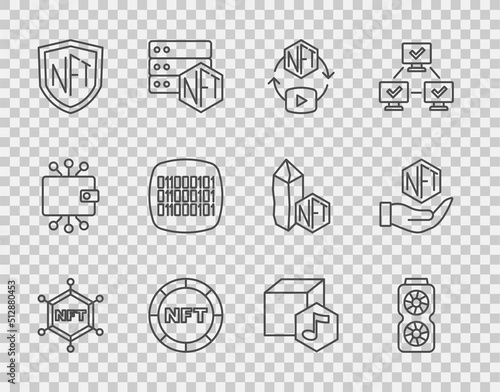 Set line NFT blockchain technology, Video graphic card, Digital crypto art, shield, Binary code, and icon. Vector