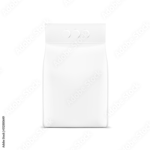 Stand bag with three hole handle mockup. Vector illustration isolated on white background. Ready for your design. Suite for the presentation of diaper, wet wipes, laundry detergent, household, etc.