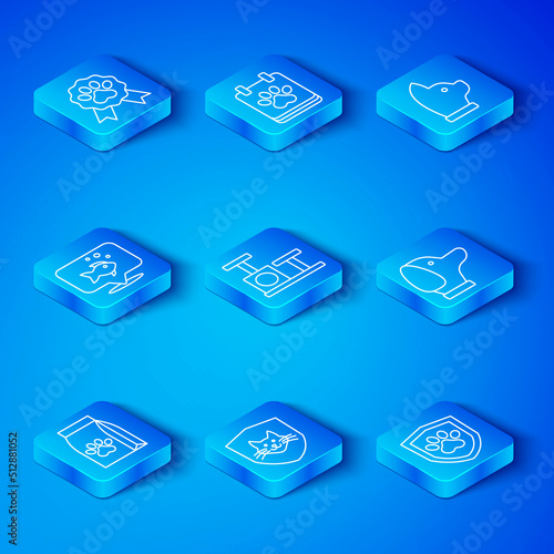 Set line Bag of food for pet, Cat scratching post with toy, Animal health insurance, Dog, Fish, Pet award symbol and icon. Vector