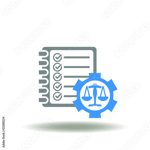 Vector illustration of checklist catalog with gear and scales. Symbol of compliance regulatory. Icon of law regulations.
