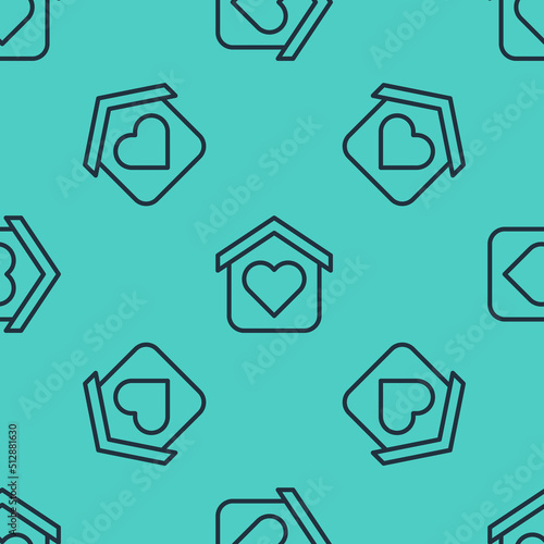 Black line Shelter for homeless icon isolated seamless pattern on green background. Emergency housing, temporary residence for people, bums and beggars without home. Vector